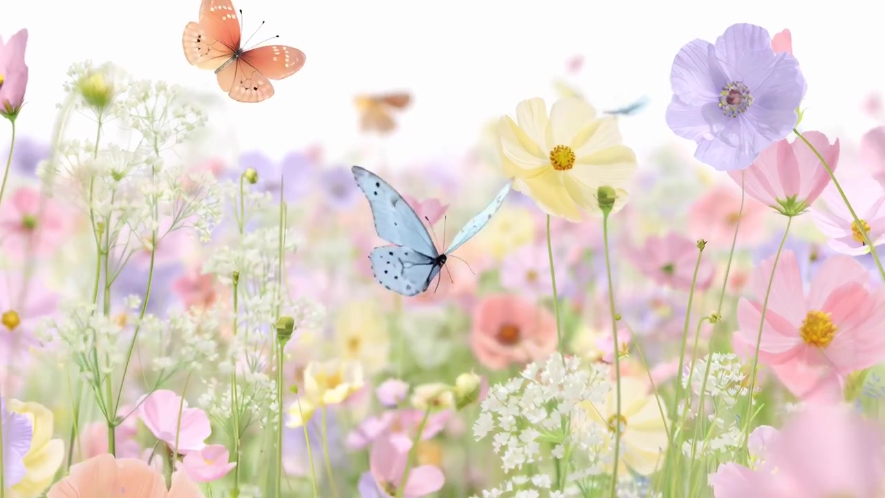 Butterflies Flying in a Serene Field of Pastel Flowers