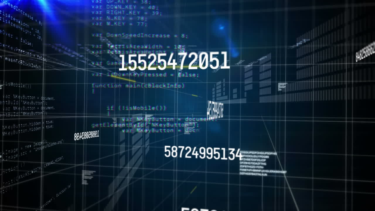 Digital animation of changing numbers and data processing against blue background