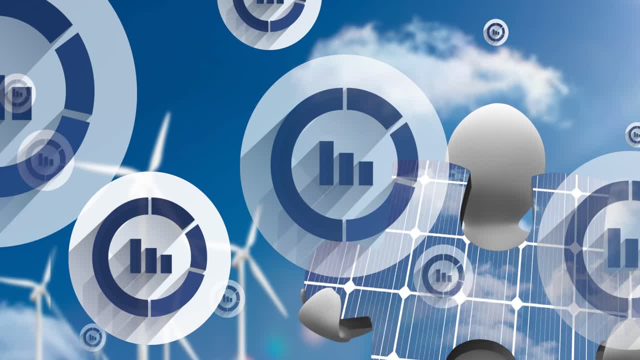 animación de iconos flotantes con gráficos sobre el hombre con rompecabezas y turbinas eólicas