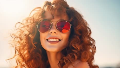 close up portrait of smiling young woman with curly ginger hair wearing sunglasses, enjoying warm summer sunlight with closed eyes, expressing happiness and carefree attitude