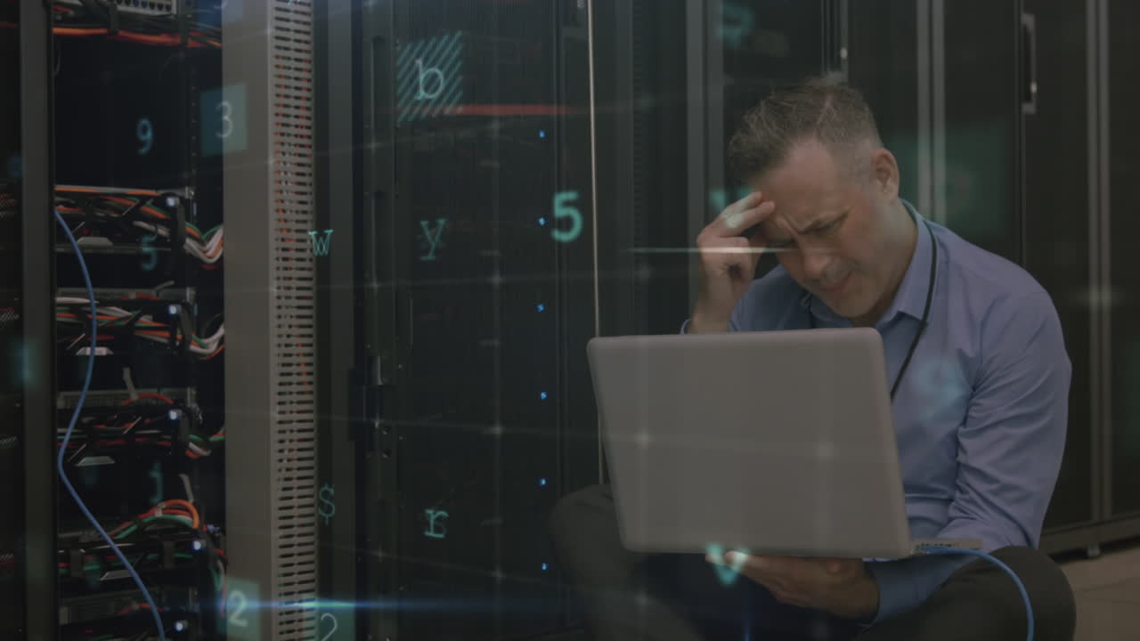 Animation of data processing with cyber attack warning over technician and computer server