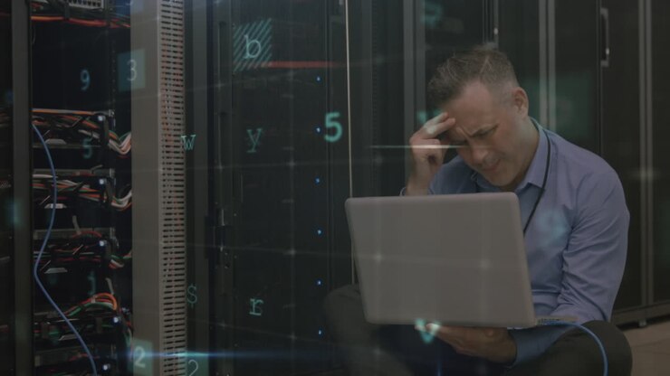 Animation of data processing with cyber attack warning over technician and computer server