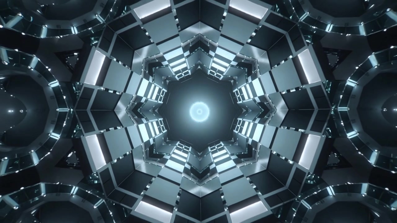 Zooming camera revealing octagonal mirrored core in metallic chamber, revealing central glowing orb