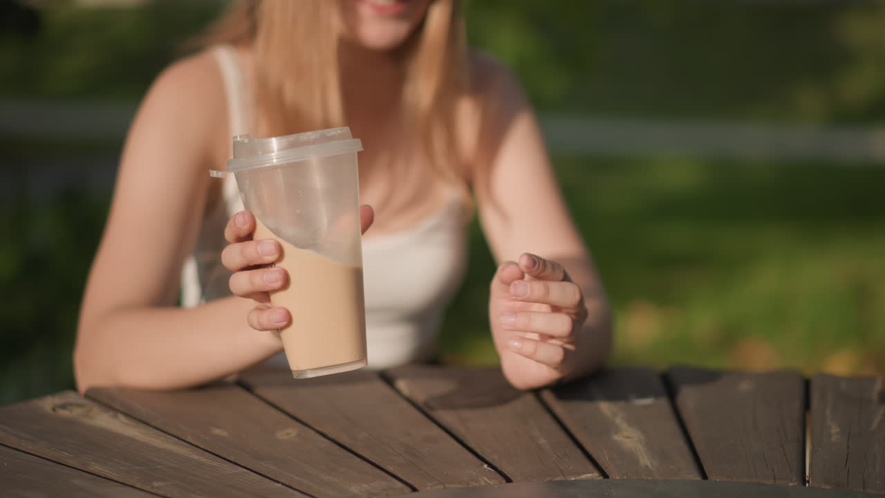 Giovane donna seduta a un tavolo rotondo di legno in un parco illuminato dal sole, che tiene in mano un caffè freddo, giocherella con il coperchio di plastica e i braccialetti, canottiera casual, calda luce dell'ora d'oro, profondità di campo ridotta