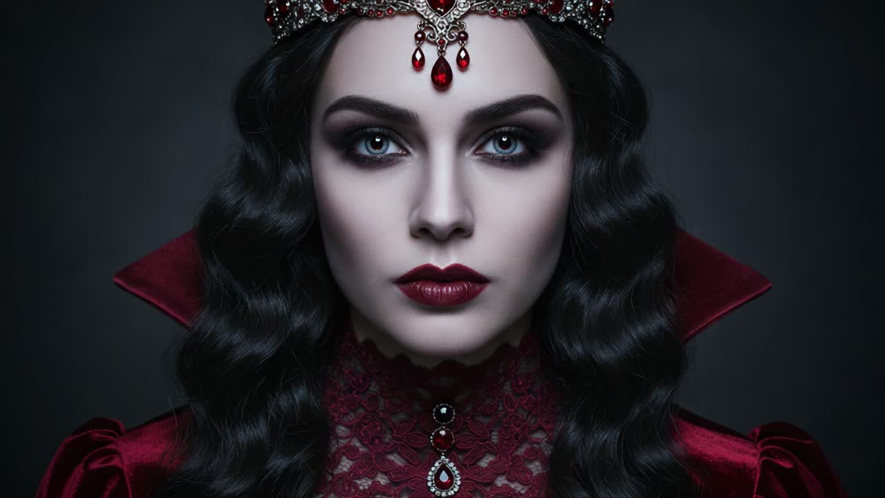 A Majestic and Enigmatic Queen Exuding Dark Elegance, With Striking Features and a Crown Adorned with Red Gems, Capturing Attention with Her Piercing Gaze in a Mysterious Setting