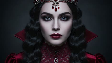 a majestic and enigmatic queen exuding dark elegance, with striking features and a crown adorned with red gems, capturing attention with her piercing gaze in a mysterious setting