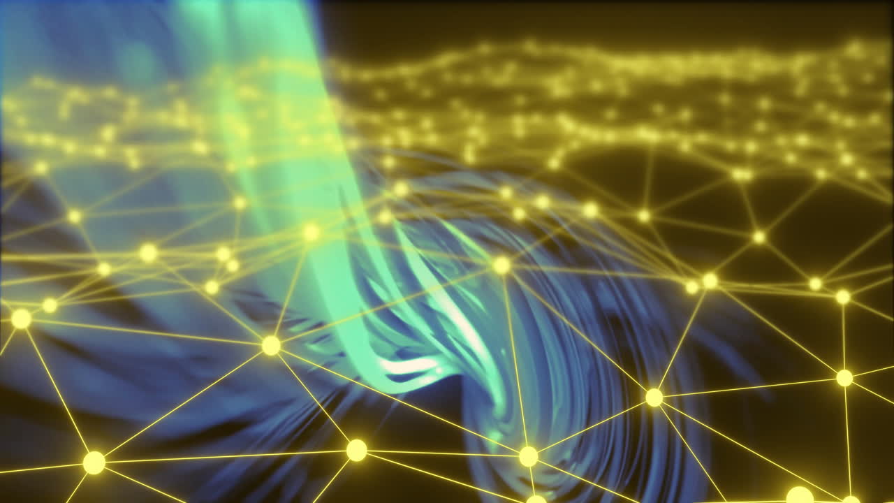 Glowing nodes and connections animation over abstract blue and yellow waves