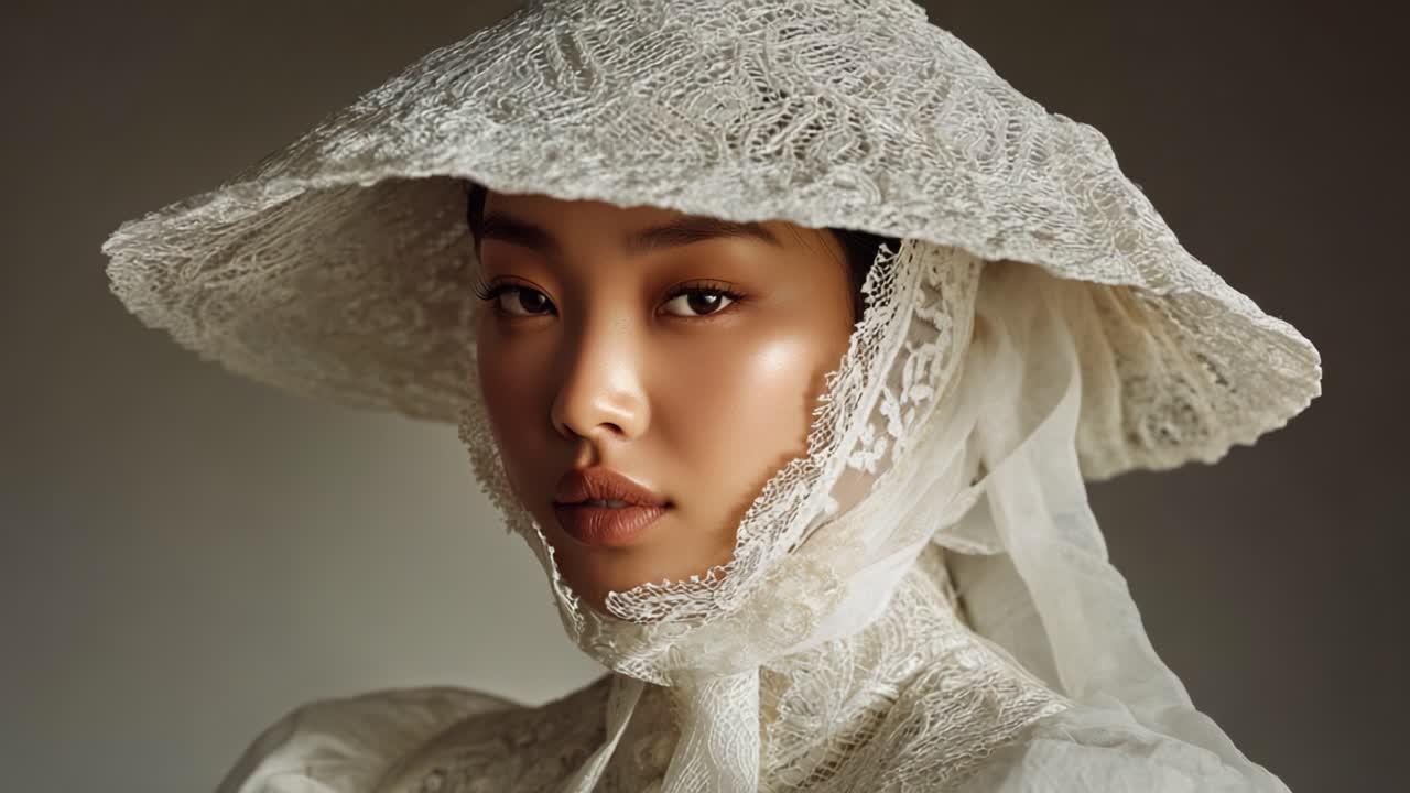 Ethereal Portrait of a Woman in Intricate Lace Hat and Veil, Exuding Timeless Elegance and Poise in Soft, Subdued Lighting