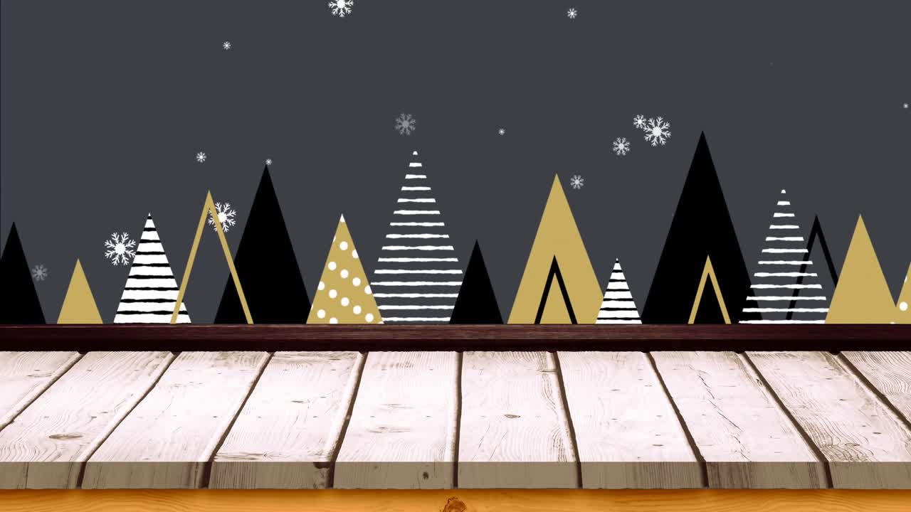 animación de árboles de navidad y nieve cayendo con superficie de madera sobre fondo gris