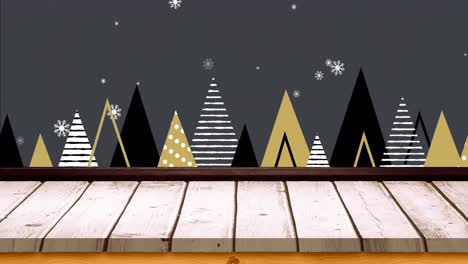 Animation-of-christmas-trees-and-snow-falling-with-wooden-surface-on-grey-background