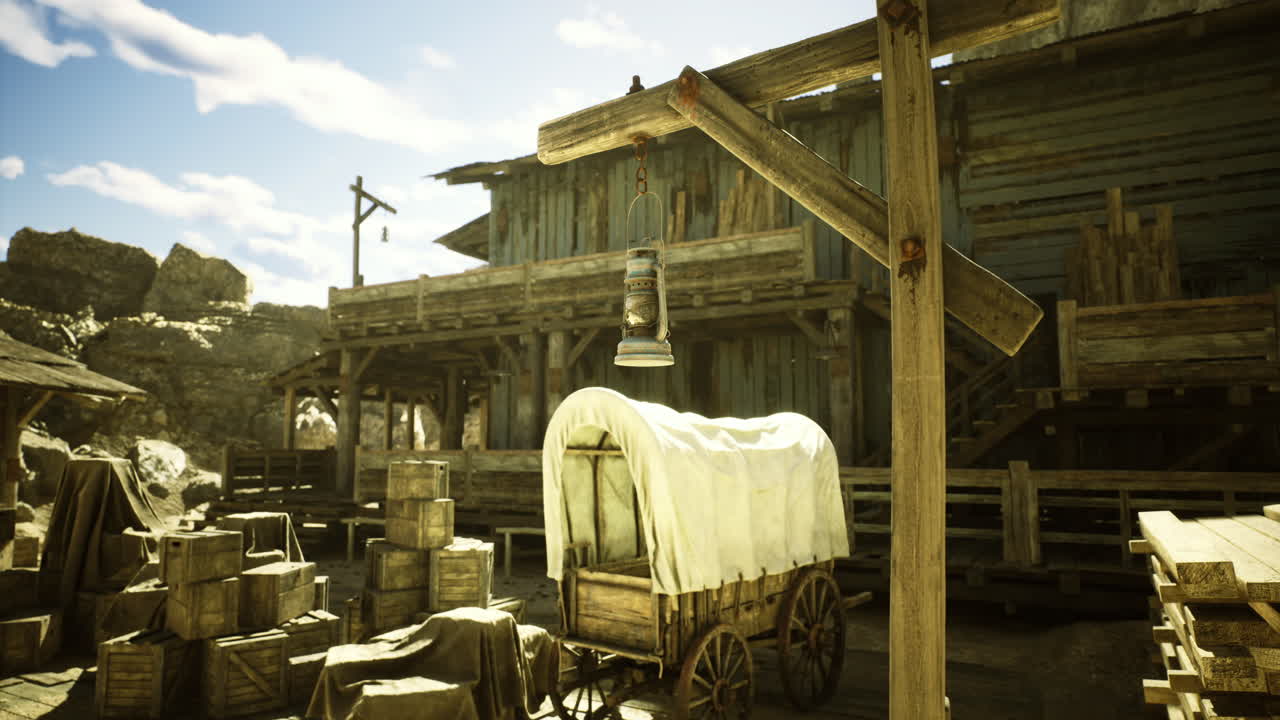 Historic western town featuring wooden buildings and a wagon under sunlight