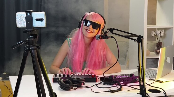 Giovane donna in streaming mentre crea musica