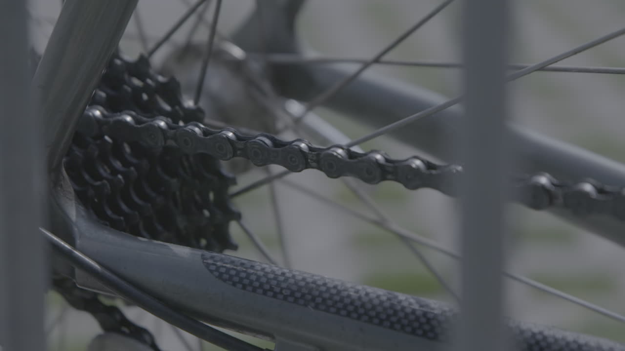 Close up shot of the chain of a bicycle that's standing still with some grass in the background LOG