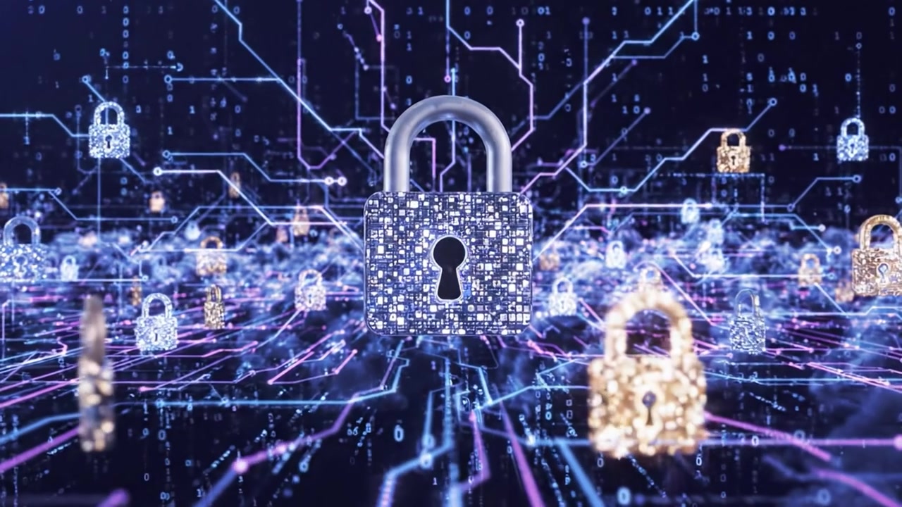 A mesmerizing journey through a digital landscape where data security reigns supreme, represented by an intricate network of glowing locks surrounded by ethereal clouds.