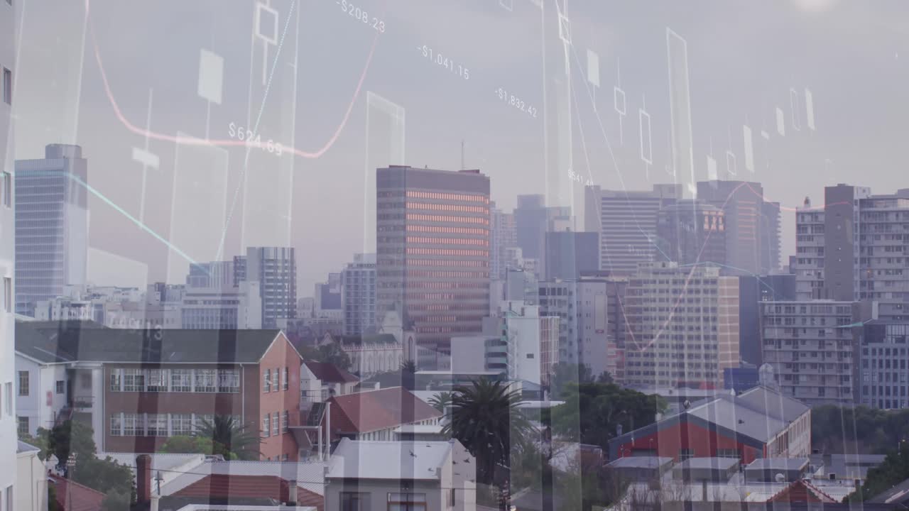 都市風景の空中写真上の統計データ処理のアニメーション