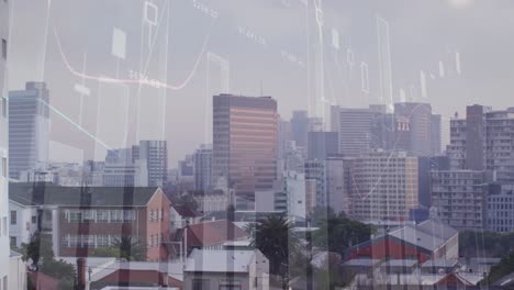 animation of statistical data processing over aerial view of cityscape