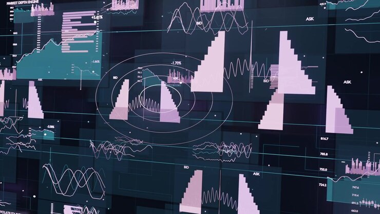 Animating data mosaic on wall display, frames advancing, rings focusing teal chart and pink blocks