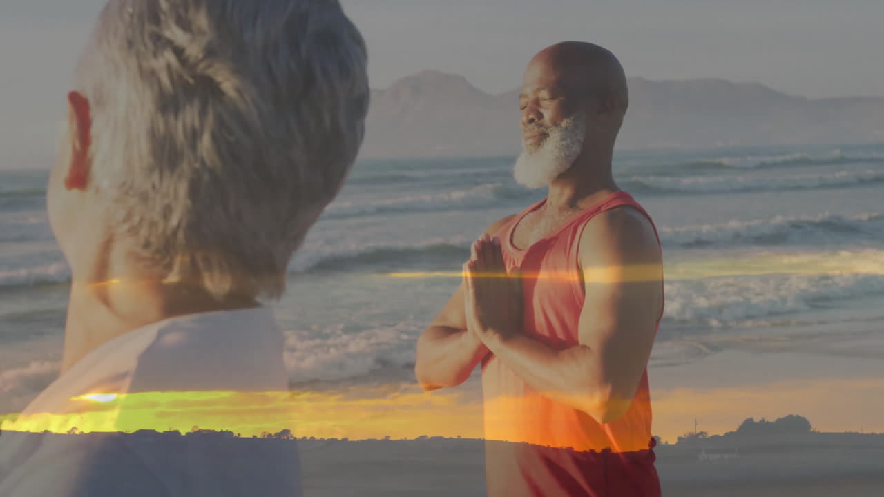 Couple practicing beach wellness yoga at sunrise, with floating heart icons and breathing chart
