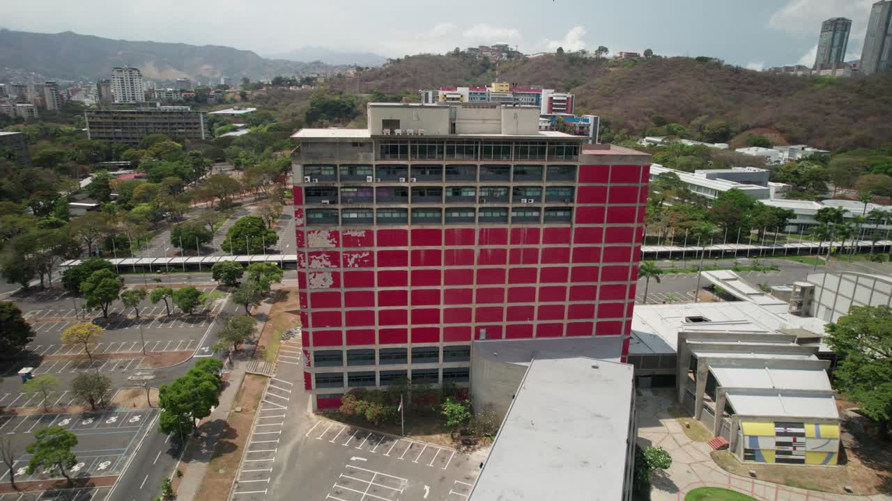 Red library building at universidad central de venezuela, aerial view