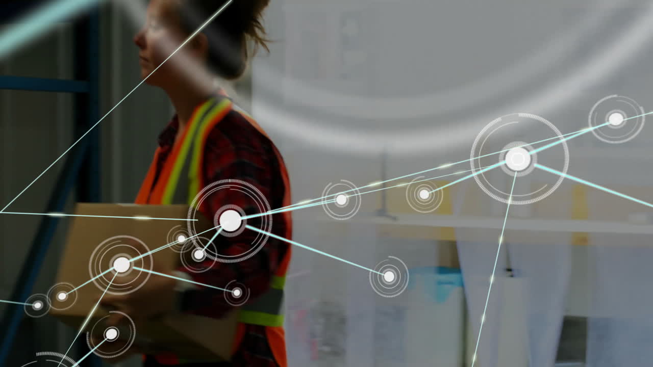 Carrying package, delivery worker with digital network animation in background