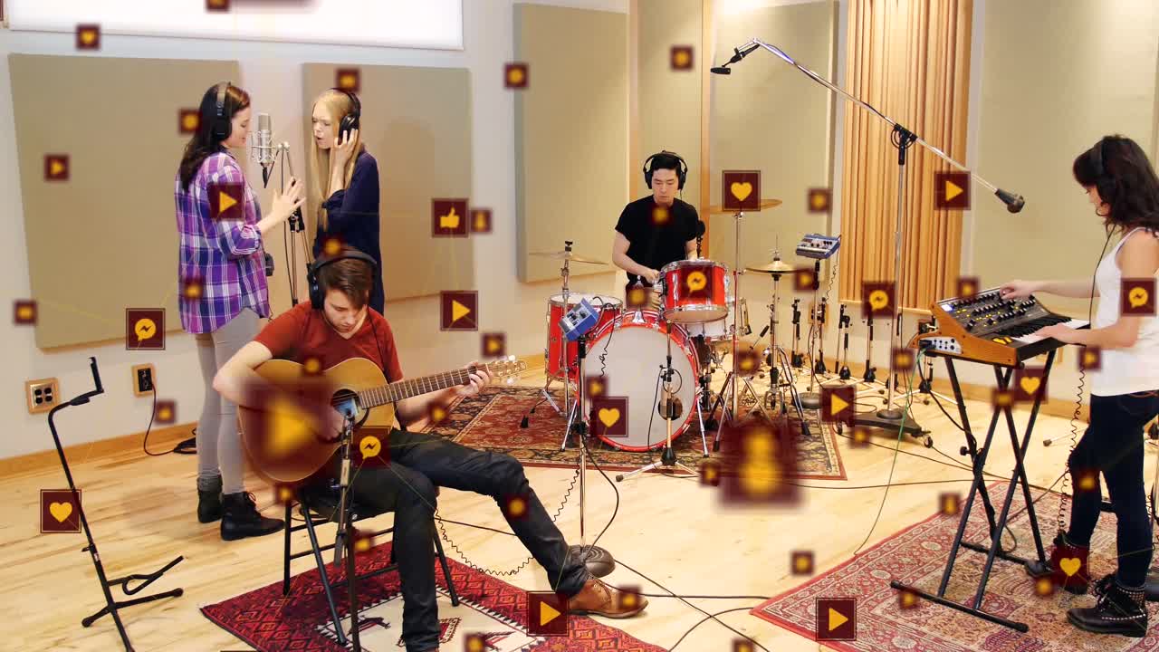 Animation of multiple icons over diverse musical band practicing in studio