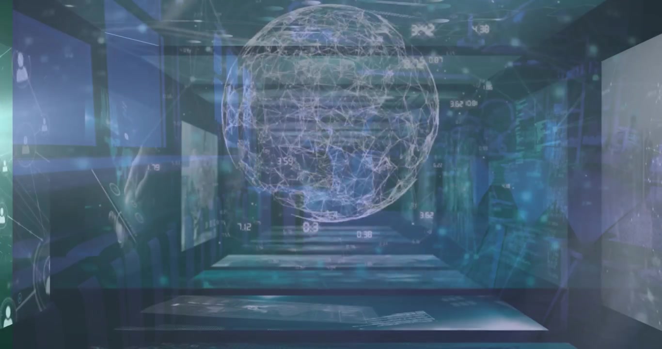 Futuristic Digital Environment with Flowing Code and Global Network Connections
