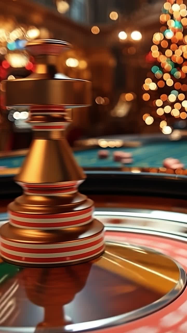 Festive casino roulette thrill. Roulette wheel spins in a vibrant casino decorated for a holiday celebration, filled with colorful lights and chips.