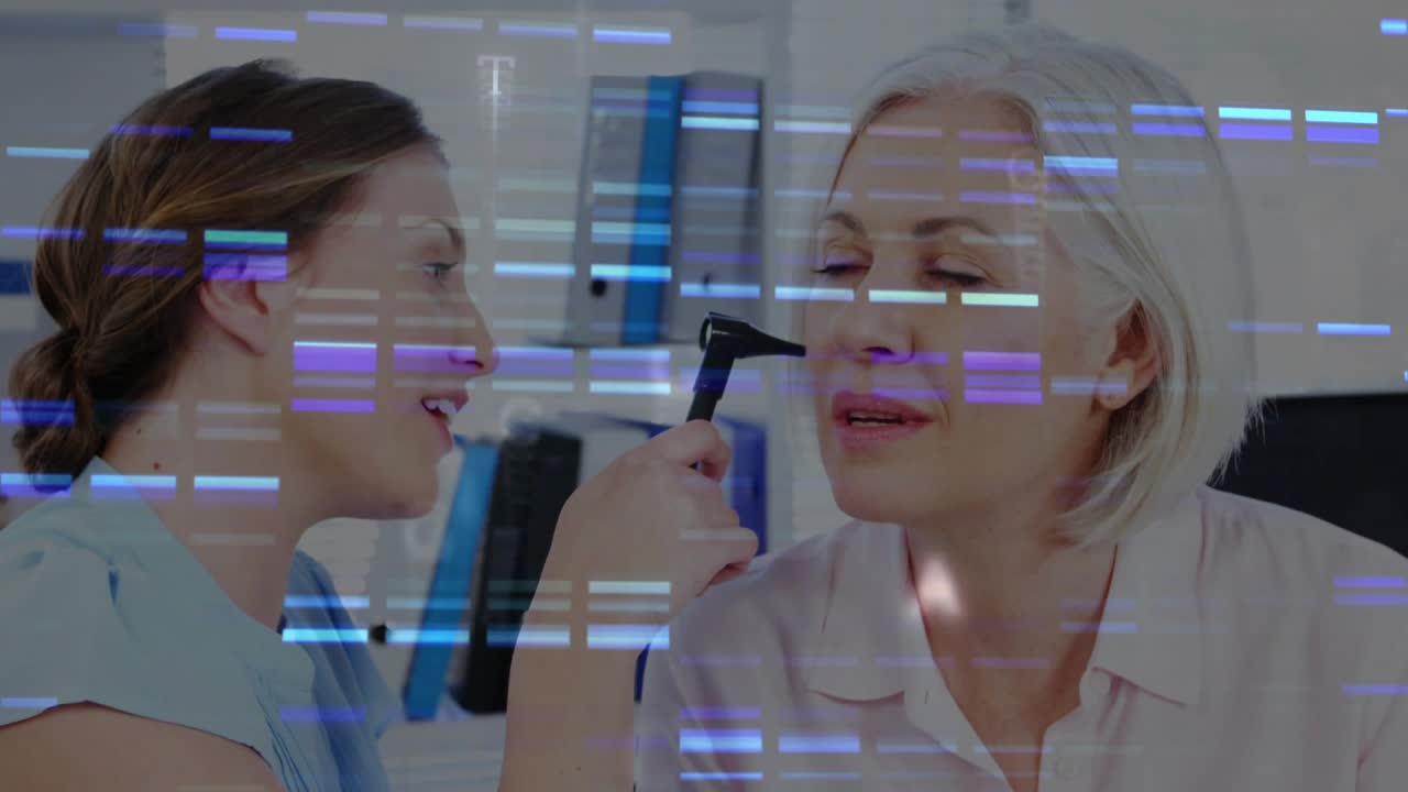 Nurse after talking checking client ear for hearing angling otoscope while blue or purple bars movin