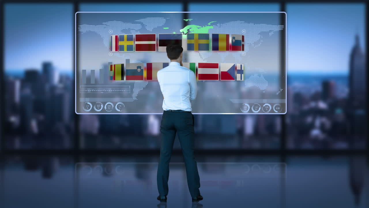 businessman looking at nationals flags 