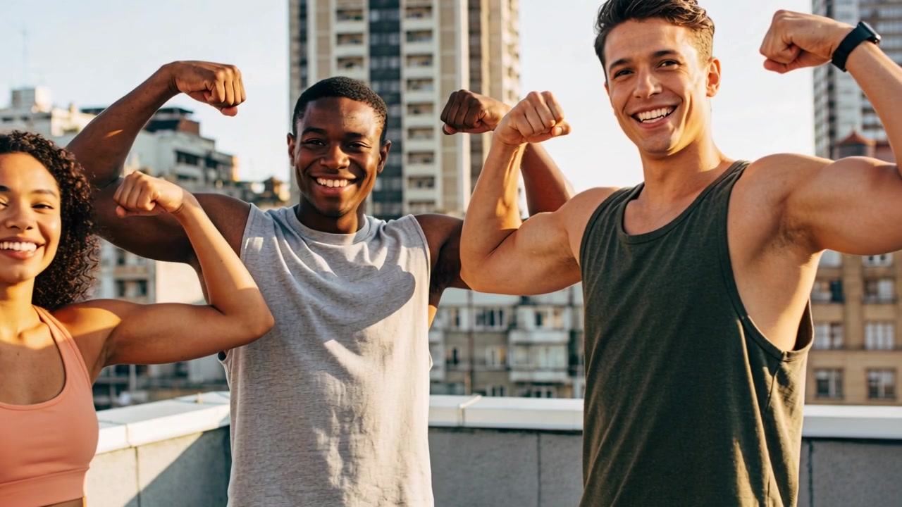 Lifting arms, three friends flexing biceps on rooftop terrace, celebrating workout with tracker