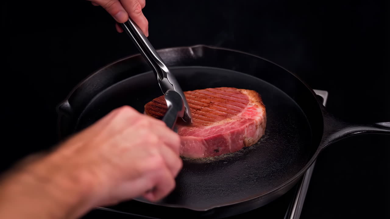 Searing steak in a cast iron skillet with tongs