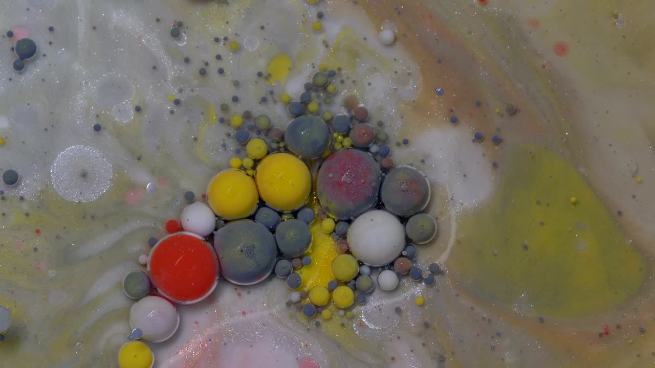 추상적인 다채로운 거품, 역동적인 흐름의 매크로 컬러 페인트, 혼란스러운 모션, 텍스처 배경,  뷰