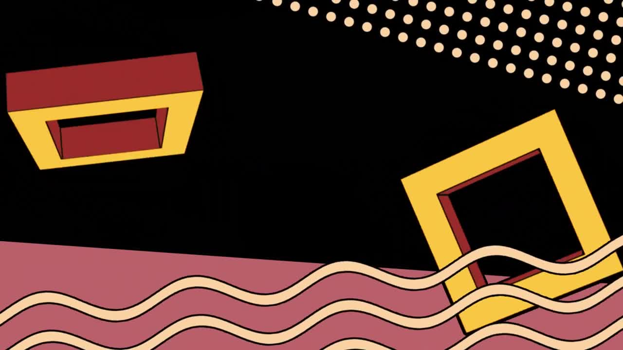 Animation of rotating squares and waves on black background