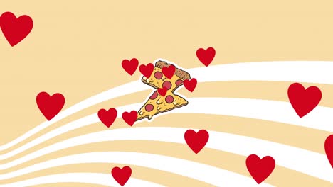 Mehrere-Rote-Herz--Und-Pizzastück-Symbole-Vor-Weißen-Streifen-Auf-Rosa-Hintergrund