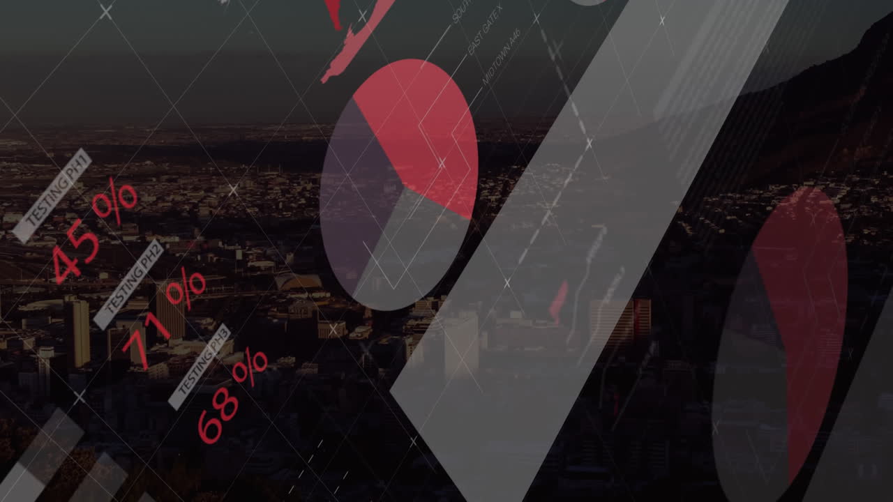 Animazione di elaborazione dati con città sullo sfondo