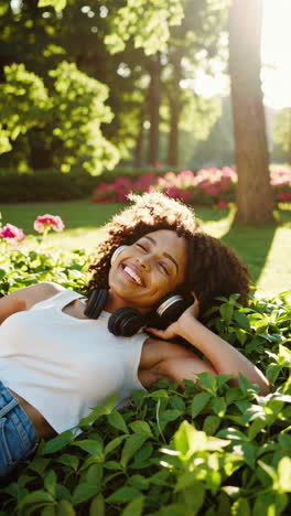 young woman enjoying music and relaxation in a sunny park