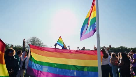 personas sosteniendo y agitando banderas de orgullo arco iris