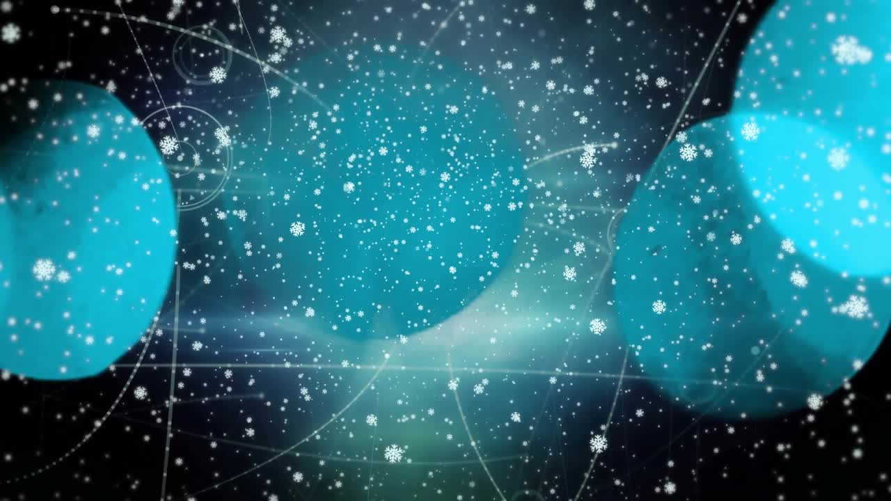 Lens flare appearing, teal discs shifting and snowflakes falling, forming busy layered composition