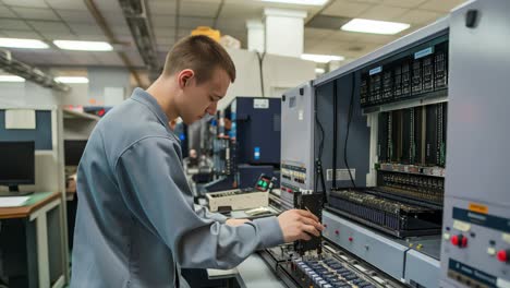 Technical professional attentively installing mechanical components, demonstrating precision within high tech industrial workspace, focusing on intricate machinery assembly process
