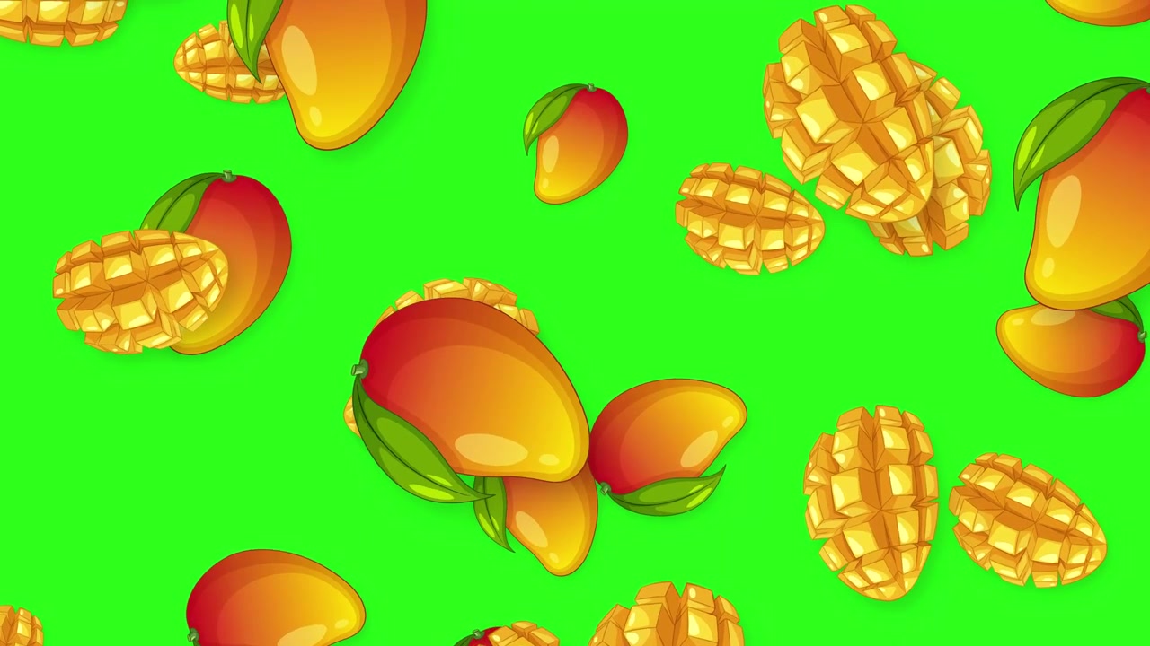 Manghi colorati a cartone animato e pezzi di frutta a fette cadono verticalmente su uno schermo verde vibrante