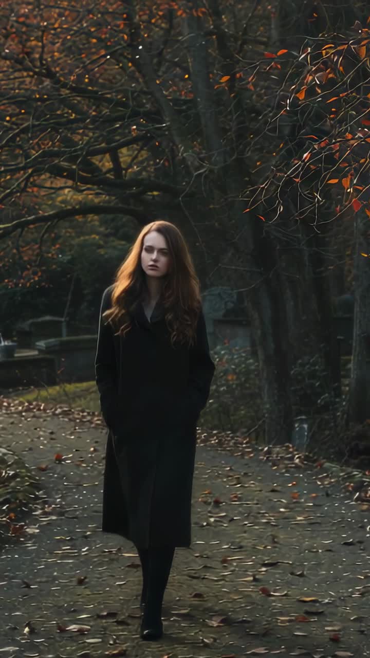 Video verticale: clip iniziale, donna con lungo cappotto nero che si avvicina all'obiettivo su un sentiero coperto di foglie