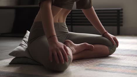 woman in makes vacuum exercise for muscles internal organs of abdomen