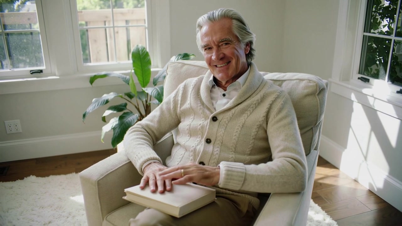 Settling back senior man wearing cardigan closing hardback book, smiling and resting in living room