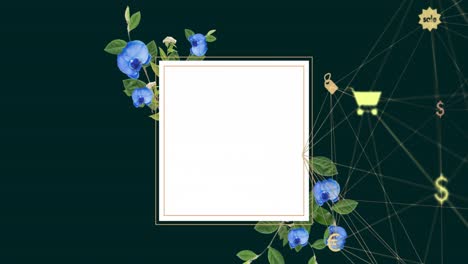 animation of network of connections with icons over screen with flowers