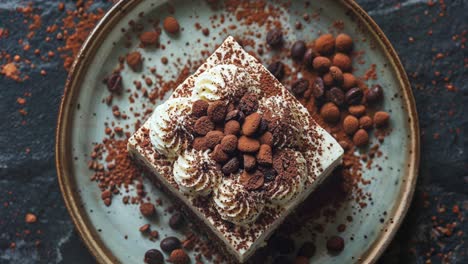 closeup of a delicious coffee cake with whipped cream and chocolate sprinkles