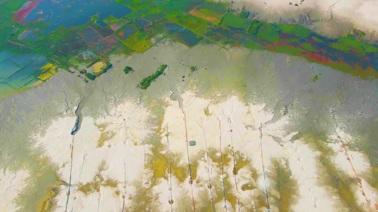 Aerial top down view over mother nature showing cultivated fields surrounded by barren land