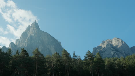 there's a stunning skyscraper mountain proudly towering over the picturesque green mountains beneath the clear blue sky