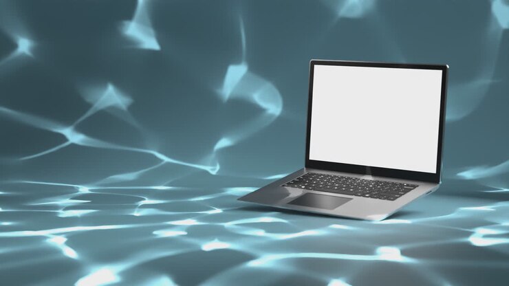 Notebook che galleggia in piscina, bella animazione con sfondo blu.