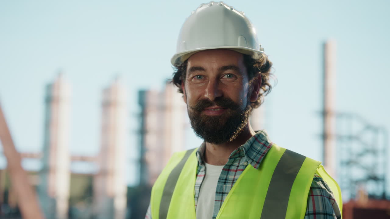 Smiling Construction Worker in Hard Hat and Safety Vest