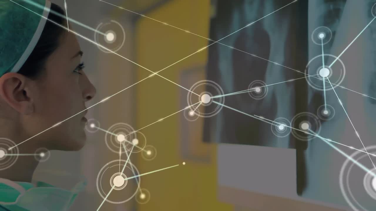 animación de la red de conexiones sobre una cirujana caucásica con una foto de rayos x